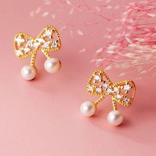 Bow Rhinestone Faux Pearl Sterling Silver Earring