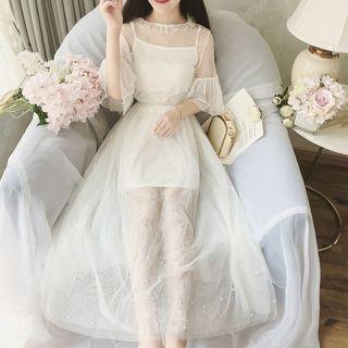 Set: Slipdress + Elbow-sleeve Beaded A-line Maxi Dress