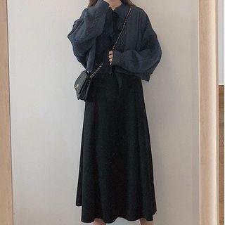 Bow Cardigan / Spaghetti Strap Plain Midi Dress / Set