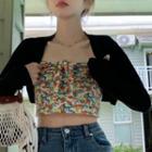 Bow Accent Floral Tube Top / Plain Cardigan