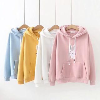 Rabbit Embroidered Drawstring Hoodie