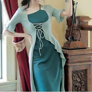 Mock Two-piece Elbow-sleeve Lace-up Ruffled Midi Dress