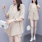 Set: Elbow-sleeve Double-breasted Blazer + Shorts + Camisole Top