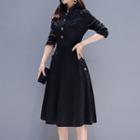 Long-sleeve Buttoned Velvet A-line Midi Dress