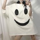 3/4-sleeve Smiley Face Print Oversized T-shirt