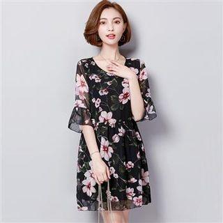 Ruffle Sleeve Floral A-line Chiffon Dress