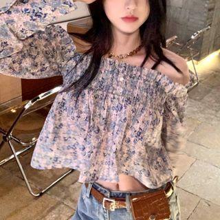 Floral Print Off-shoulder Cropped Blouse Floral - Blue & Pink - One Size