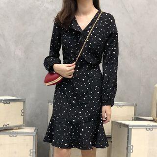 Long-sleeve Dotted Cutout-back Mini A-line Dress