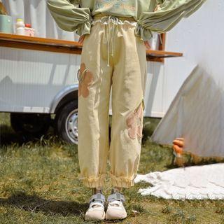 Flower Applique Ruffle Trim Cropped Pants