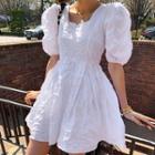 Square-neck Puff-sleeve Crinkled A-line Dress