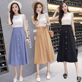 Buttoned High-waist Midi A-line Skirt