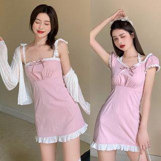 Plain Light Cardigan / Lace Sleeveless Dress / Short-sleeve Slim-fit Dress