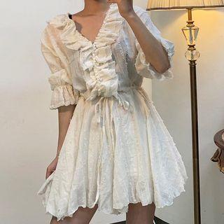 Ruffle Elbow-sleeve Mini A-line Dress
