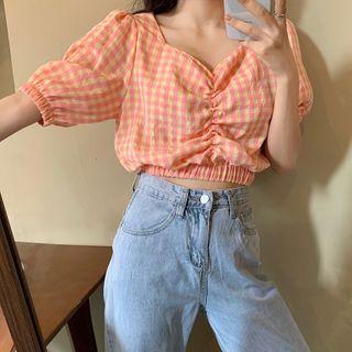 V-neck Plaid Cropped Top