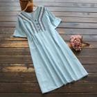 Short-sleeve Embroidered Midi A-line Dress Light Blue - One Size
