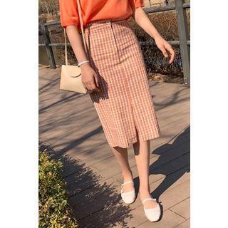 Checked H-line Midi Skirt Orange - One Size
