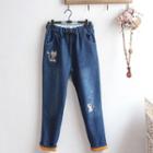 Cat Embroidery Fleece-lined Straight-fit Jeans