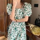 Puff-sleeve Square Neck Flower Print A-line Midi Dress Green - One Size