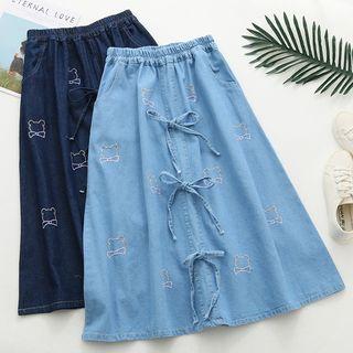 Bear Embroidered Bow Midi Denim Skirt