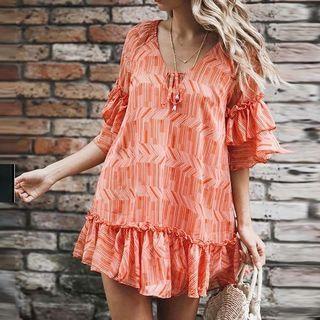 Elbow-sleeve Ruffle Trim Striped Mini Dress