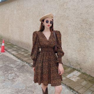 V-neck Floral Mini A-line Dress Coffee - One Size
