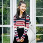 V-neck Striped Long-sleeve Knitted Top