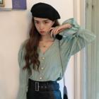 Long-sleeve V-neck Faux Pearl Blouse