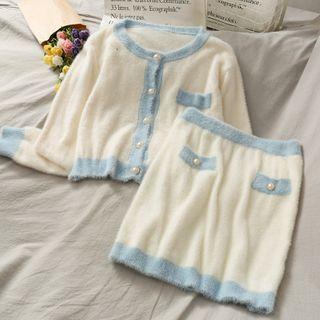 Set: Contrasted Button-down Furry Top + Pencil Skirt White - One Size