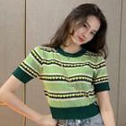 Striped Short-sleeve Knit Top Avocado Green - One Size