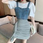Short-sleeve T-shirt / Wide Strap Denim Cropped Top / Shirred Mini Straight-fit Skirt