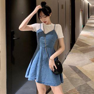 Short-sleeve Denim Panel A-line Skirt