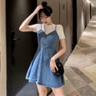 Short-sleeve Denim Panel A-line Skirt