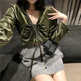 3/4-sleeve Velvet Drawstring Top