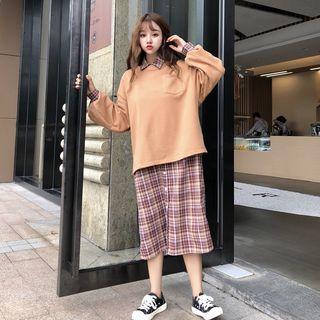 Pocket Sweatshirt / Long-sleeve Plaid Midi Shirt Dress