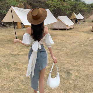 Short-sleeve Off Shoulder Blouse / Denim Skirt