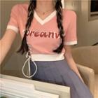 Short-sleeve Lettering Lace-up T-shirt Pink - One Size