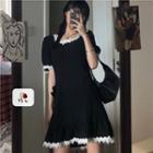 Short-sleeve Lace Trim A-line Mini Dress Black - One Size