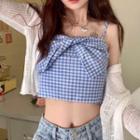 Plaid Bow Cropped Camisole Top / Plain Cardigan