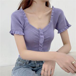 Short-sleeve Plain Ruffle Trim Knit Top