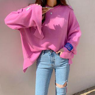 Letter-patch Slit-cuff Knit Top