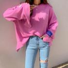 Letter-patch Slit-cuff Knit Top
