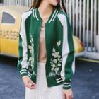 Flower Embroidered Color Panel Zip Cardigan