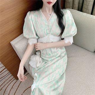 Puff-sleeve Print Midi Dress