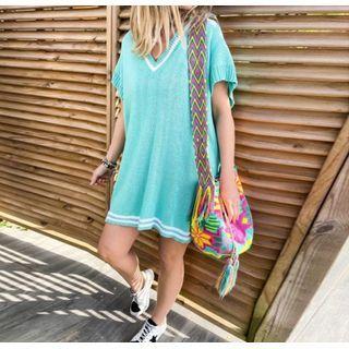 Short-sleeve V-neck Mini Sweater Dress