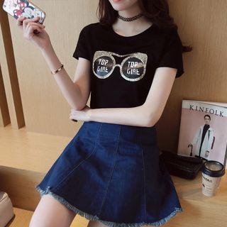 Loose-fit Round-neck Sequined Short-sleeve Top
