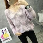 V-neck Pointelle Knit Mohair Sweater