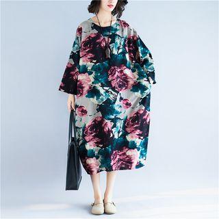 Long-sleeve Floral Print Midi T-shirt Dress As Shown In Figure - One Size