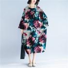 Long-sleeve Floral Print Midi T-shirt Dress As Shown In Figure - One Size
