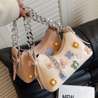 Flower Detail Chain Strap Hobo Bag