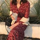 Long-sleeve Floral Print Midi Crinkle Dress Red - One Size